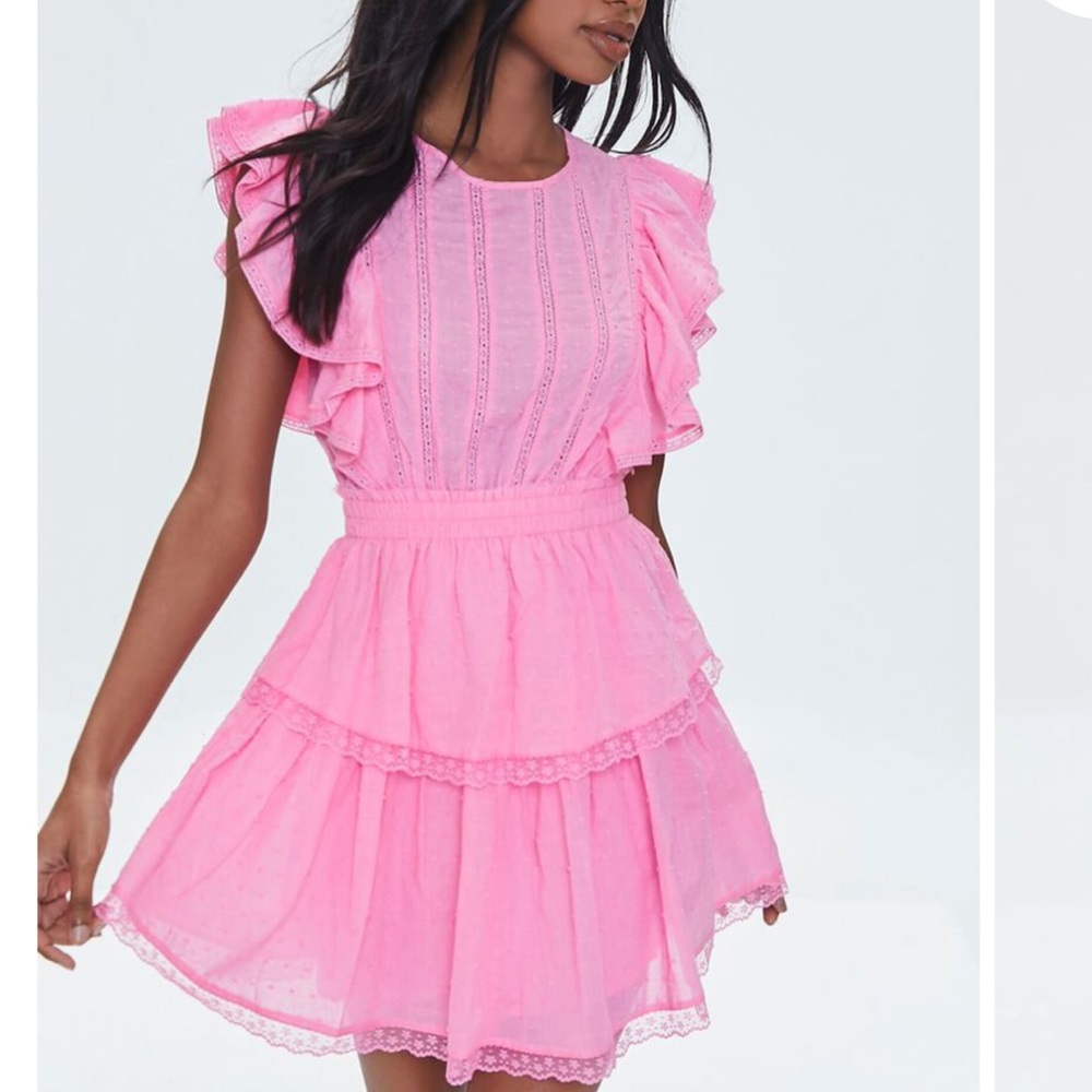 Forever 21 pink Clip Dot Lace Ruffled Mini Dress